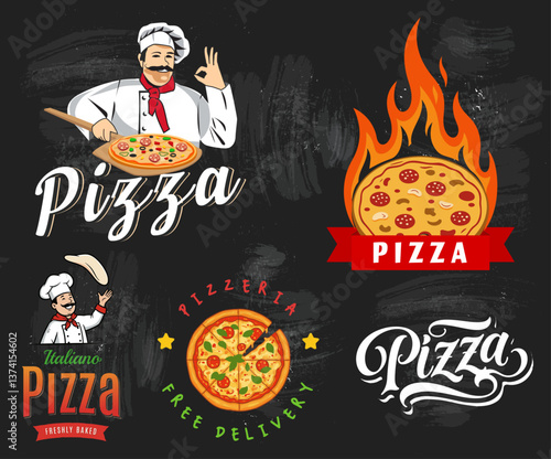 The vector collection of pizza emblems can be used in businesses such as bistros and catering. The designs create a modern and professional atmosphere.