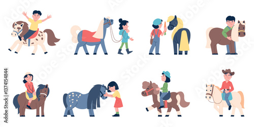 Kids with little horses. Amusement park or farm, equestrian for children. Girls and boys learting ride and care for pony, recent vector scenes