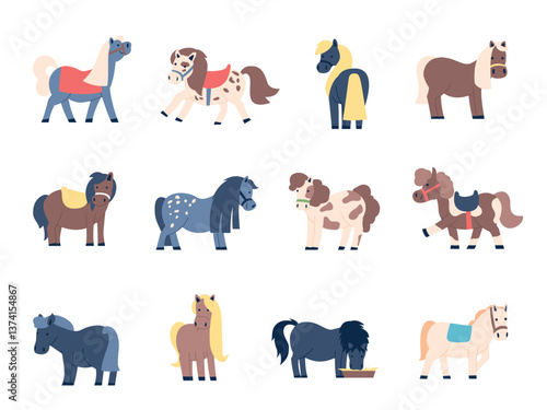 Little pony. Flat ponies characters in different poses. Tiny cute cartoon horses, funny farm circus amusement park animals. Recent vector clipart