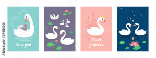 Posters with white swans. Beautiful swan princess in crown, flock of birds on lake or pond. Cute postcards, banners or covers classy vector design