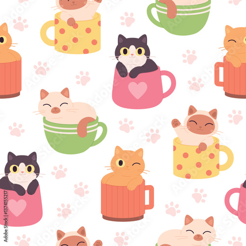 Cups with funny cats. Cartoon adorable kittens seamless pattern. Funny print design for fabric, wallpaper, wrapping. Racy vector decorative background