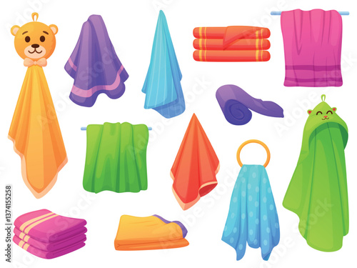 Cartoon bath towels. Children and adults fabric towel design in stack and rolls. Sunbathe, bathing accessories, bathroom soft cloth, nowaday vector set