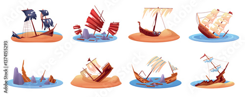 Wrecked ships. Wreckage of old wooden boat, sailboat, pirate ship. Wreck brigantine in sand, on rocks, in sea or ocean. Sinking battleship, nowaday vector scenes