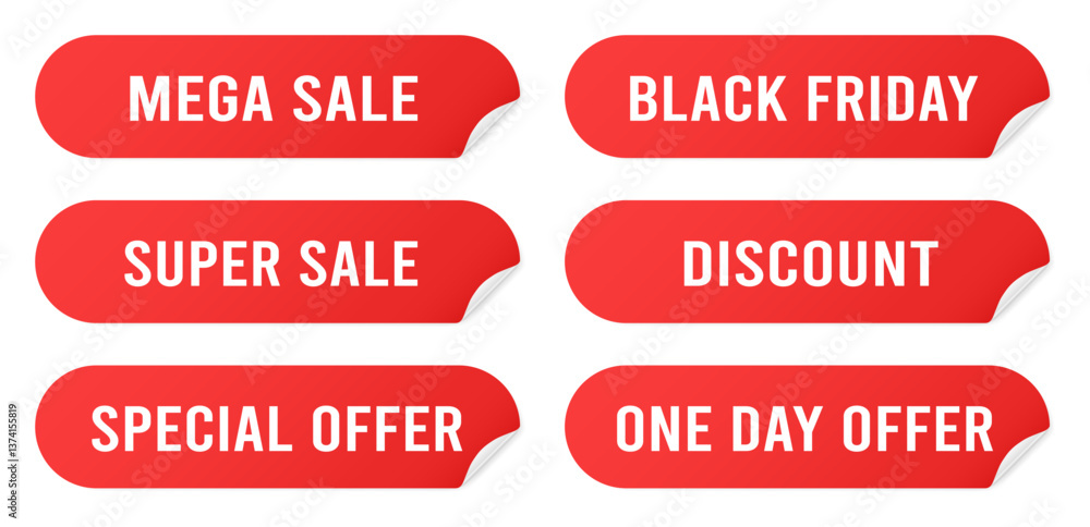 Set of red rounded stickers with sale announcement. Super sale, mega sale. One day offer. Discount voucher. Black friday special offer label.
Set of red rounded stickers with sale announcement. Super sale, mega sale. One day offer. Discount voucher. Black friday special offer label.