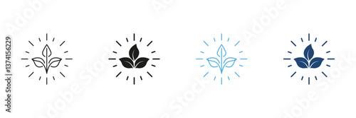 Eco Plant Line and Silhouette Icon Set With Radiating Lines, Healthy And Sustainable Food Choices Outline and Solid Icon. Eco-Friendly Products Sign. Editable Stroke. Isolated Vector Illustration