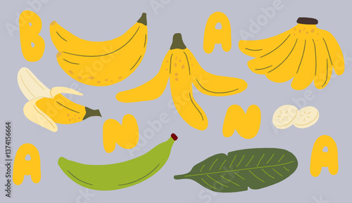Set of Bananas in different shapes Hand-drawn text Vector Illustration 	
