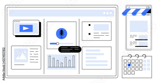 Interactive dashboard with charts, voice control, video player, mobile app store interface, and calendar. Ideal for workflow, productivity, technology, analytics planning digital marketing