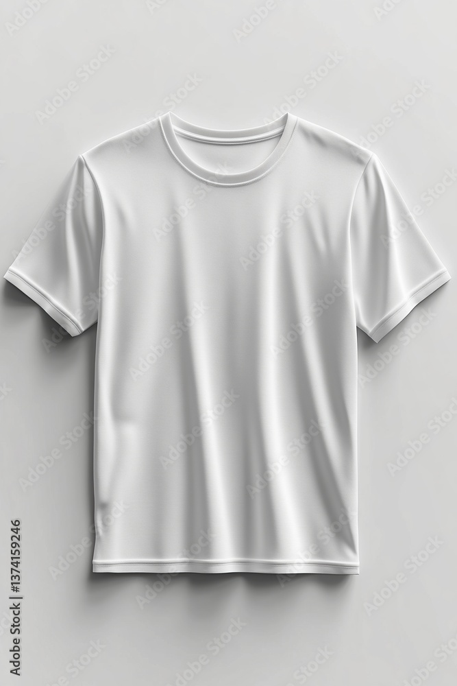Plain white t-shirt laid flat on a white background, front view, close-up Plain white t-shirt laid flat on a white background, front view, close-up