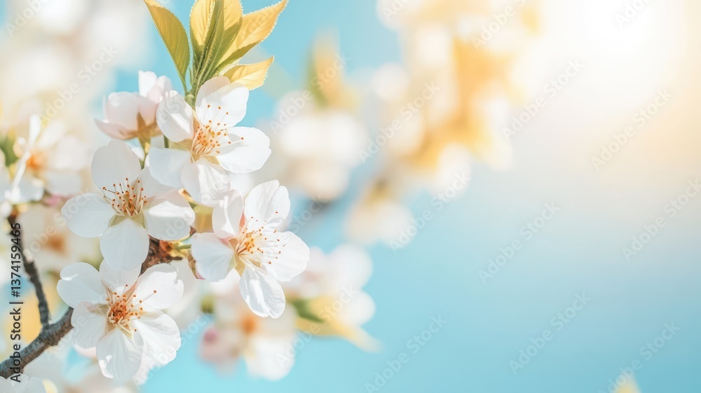 Blossoms in Sunlight: A delicate display of white blossoms against a serene blue backdrop, their petals kissed by the warm, golden light of the sun. A vibrant, hopeful portrayal of natural beauty. Blossoms in Sunlight: A delicate display of white blossoms against a serene blue backdrop, their petals kissed by the warm, golden light of the sun. A vibrant, hopeful portrayal of natural beauty.
