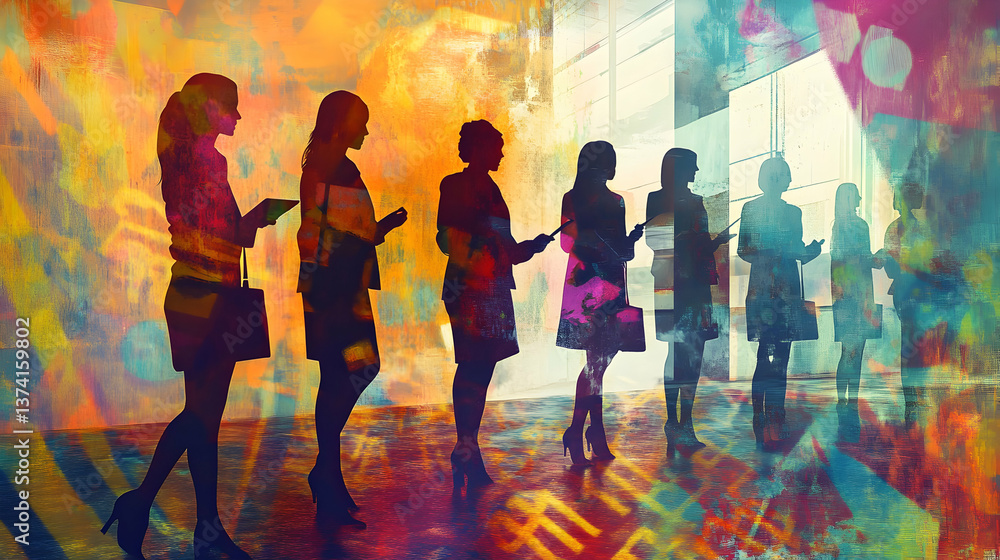 Naklejka premium Silhouetted Women Using Devices Against Vibrant Abstract Painted Office Background
