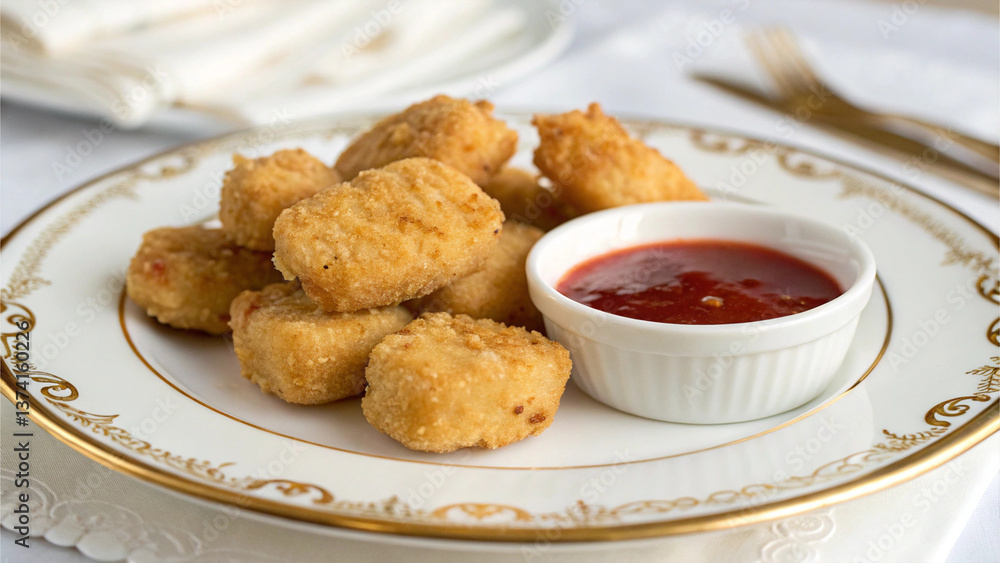 Golden Crispy Chicken Nuggets on a White Porcelain Plate. Golden Crispy Chicken Nuggets on a White Porcelain Plate.