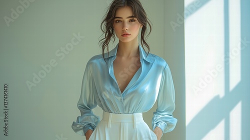A young woman poses in a light blue blouse with a stylish collar, showcasing elegance and contemporary fashion against a softly lit background.