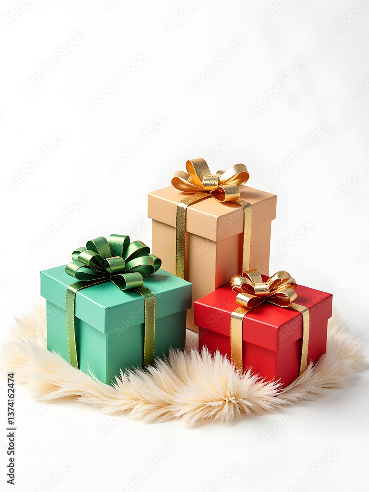 Obraz premium Colorful Gifts On A White Background Feature Gold And Green Accents Against A Soft, Velvety Fake Fur Tex