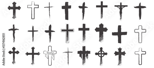 Grunge style collection of Christian crosses vector illustration. Icon Symbol to celebrate Easter holiday