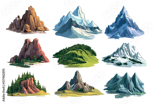 Mountain Peaks Icon Set High Altitude Peaks Snowy Mountains Nature Landscape Outdoor Adventure Hikers Dream Rocky Summits Mountain Ranges Natural Terrain Travel Destinations Cliff
