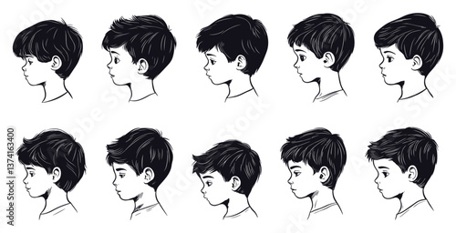 Vector Boy Little Face in Profile Icons Set Simple Cartoon Style Boy Profile Silhouette Cute Child Face Minimalistic Line Art Side View Playful Expressions Simple Features Vector