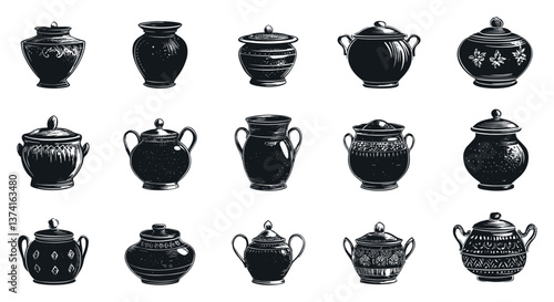 Vintage Pottery Ancient Vases Handcrafted Icons Monochrome Stamps Artisan Ceramics Art Prints Ancient Artifacts Traditional Designs Timeless Pottery Craft Historical Pottery Icons