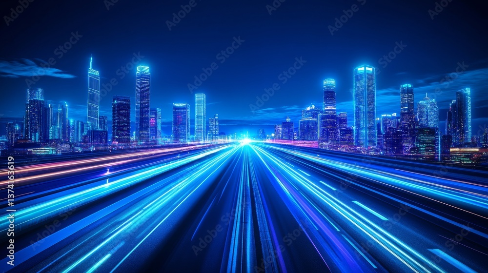 futuristic city with modern bright neon lights, overwhelming blue tones , futuristic, 1-point perspective, road leading into the city, realistic, photography futuristic city with modern bright neon lights, overwhelming blue tones , futuristic, 1-point perspective, road leading into the city, realistic, photography
