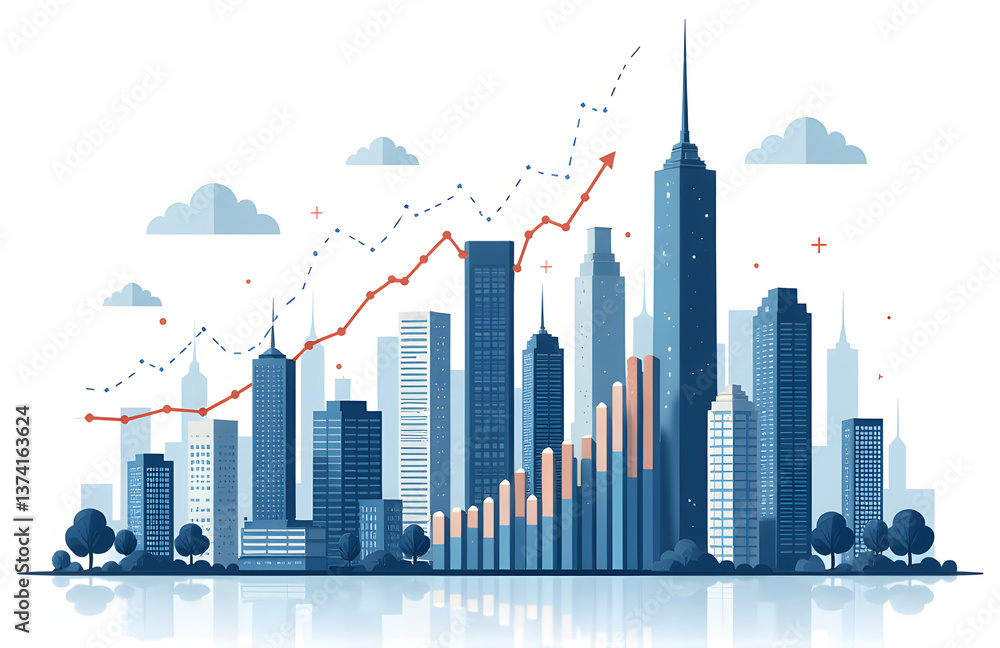 Fototapeta premium Financial Data On A Growing Business Includes Analysis And Management With Many Statistical Graphs As A Backdrop To Tall City Skyscra