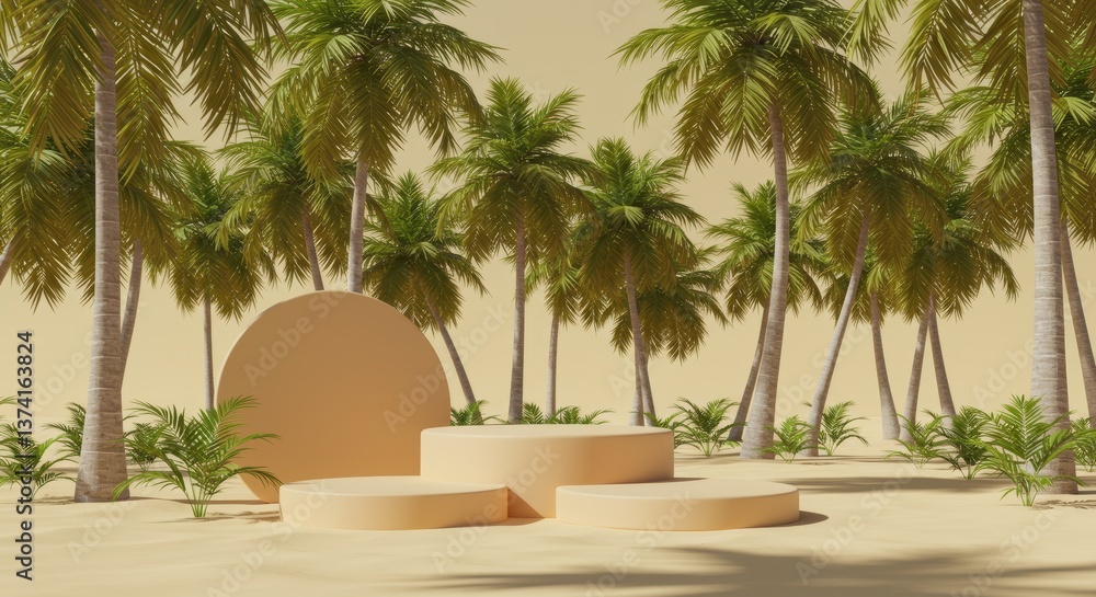 Fototapeta premium Tropical product display scene with sandy podium and coconut trees backdrop