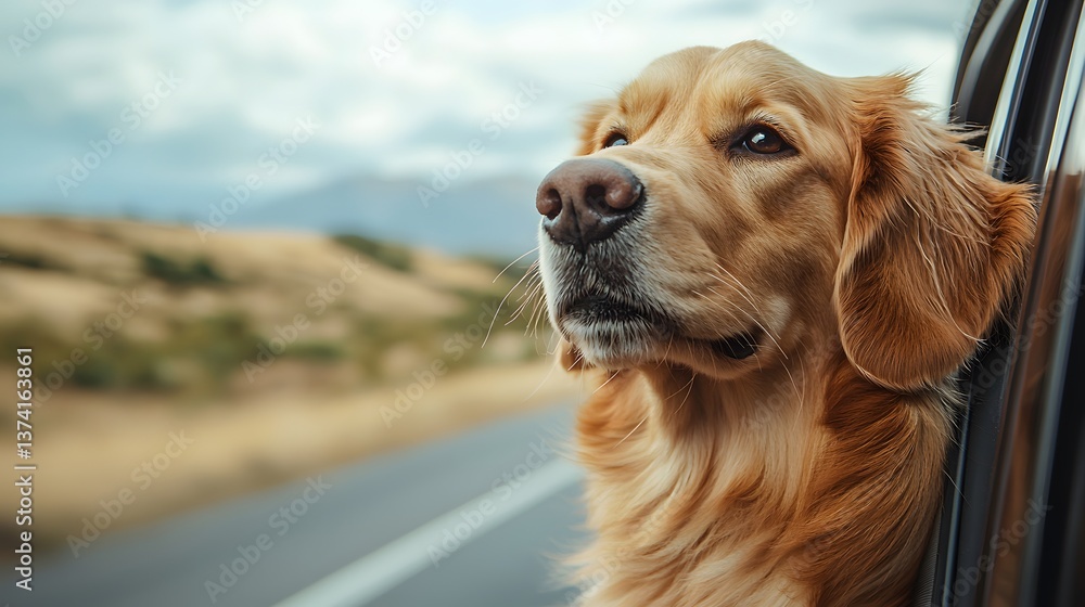 Obraz premium Golden Retriever gazing out car window, road trip