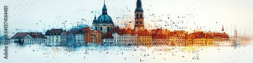 A digitally rendered panorama featuring historic European architecture and cityscapes