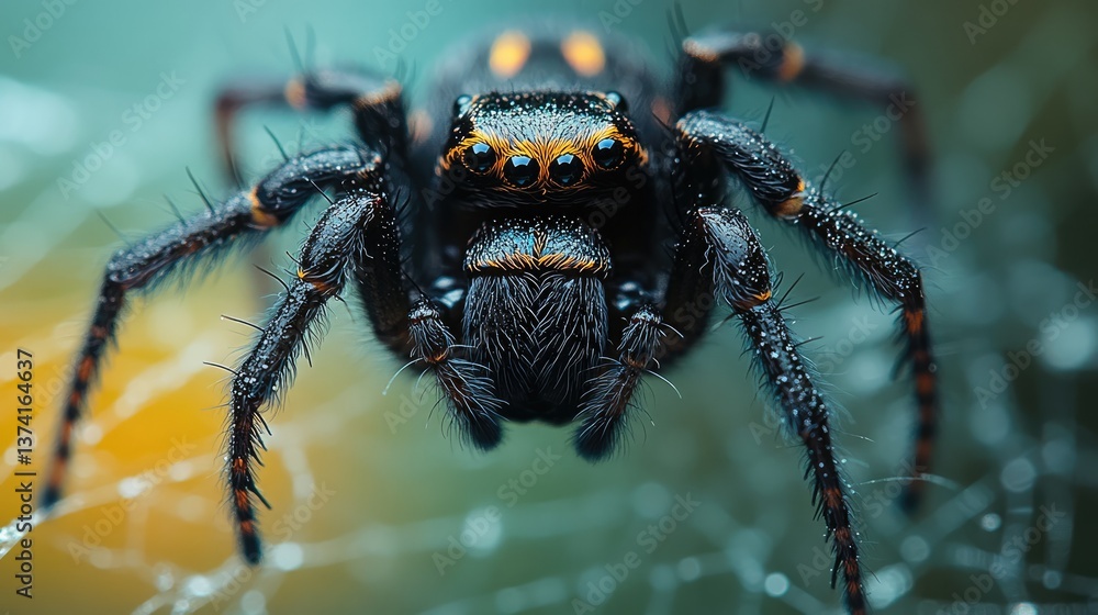 Fototapeta premium Spider Close-Up: A macro shot of a spider showcasing intricate detail and texture, capturing the fascinating world of arachnids and their webs. 