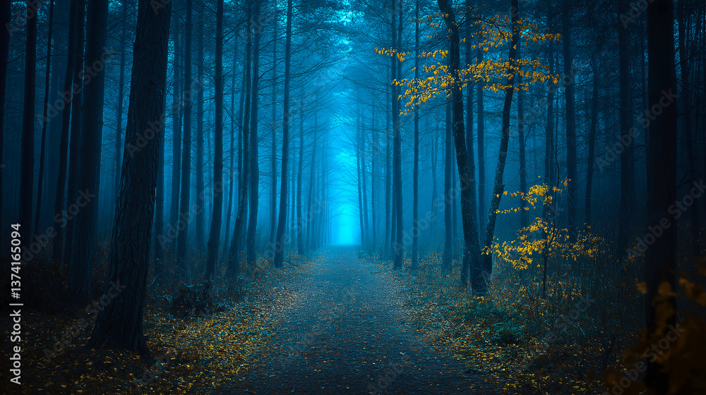 Fototapeta premium A scary forest at dim night with horror Halloween decorated conceptual.Spooky Halloween misty foggy forest at night with moonlight illuminating woods path.