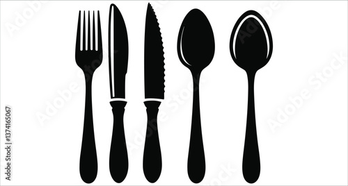 Set of black fork knife spoon silhouettes vector. Black fork knife spoon silhouettes vector. Kitchen forks knives spoons black silhouettes vector. Restaurant cutlery fork knife spoon silhouette vector