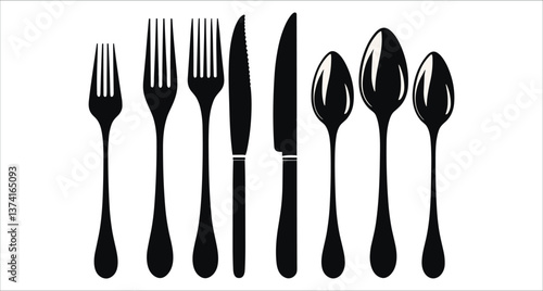 Set of black fork knife spoon silhouettes vector. Black fork knife spoon silhouettes vector. Kitchen forks knives spoons black silhouettes vector. Restaurant cutlery fork knife spoon silhouette vector