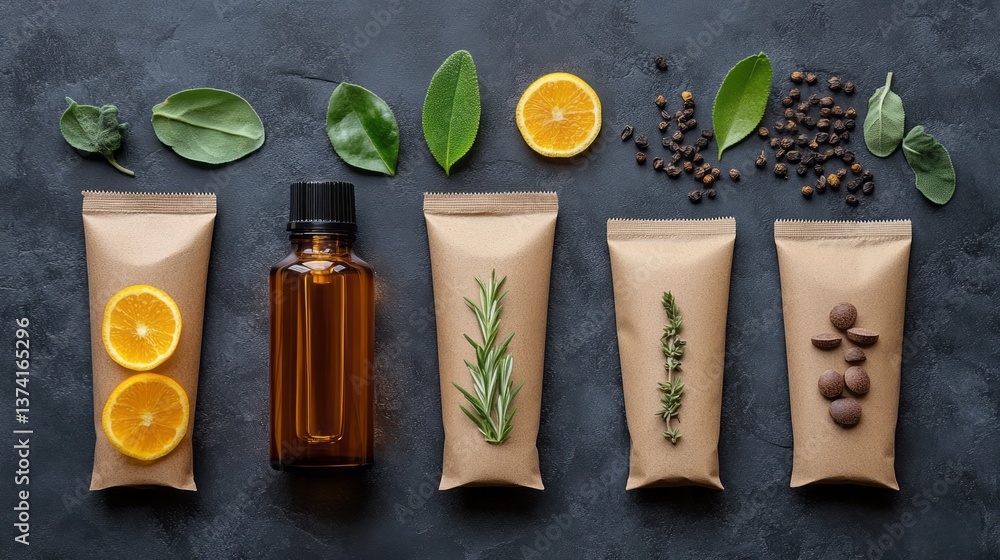 Fototapeta premium Natural ingredients and products displayed on a dark surface