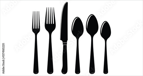 Set of black fork knife spoon silhouettes vector. Black fork knife spoon silhouettes vector. Kitchen forks knives spoons black silhouettes vector. Restaurant cutlery fork knife spoon silhouette vector