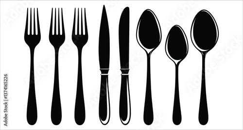 Set of black fork knife spoon silhouettes vector. Black fork knife spoon silhouettes vector. Kitchen forks knives spoons black silhouettes vector. Restaurant cutlery fork knife spoon silhouette vector
