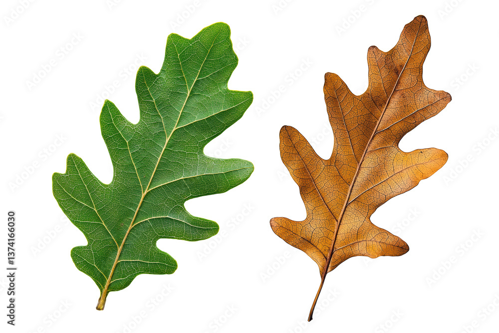 Fototapeta premium Green and brown oak leaves isolated on transparent png format