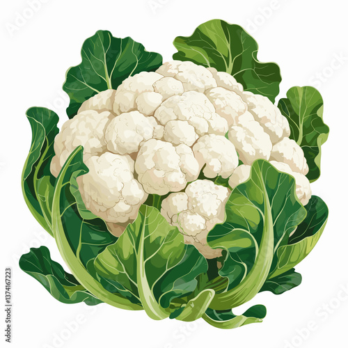 Fresh Cauliflower with Green Leaves Vector Illustration