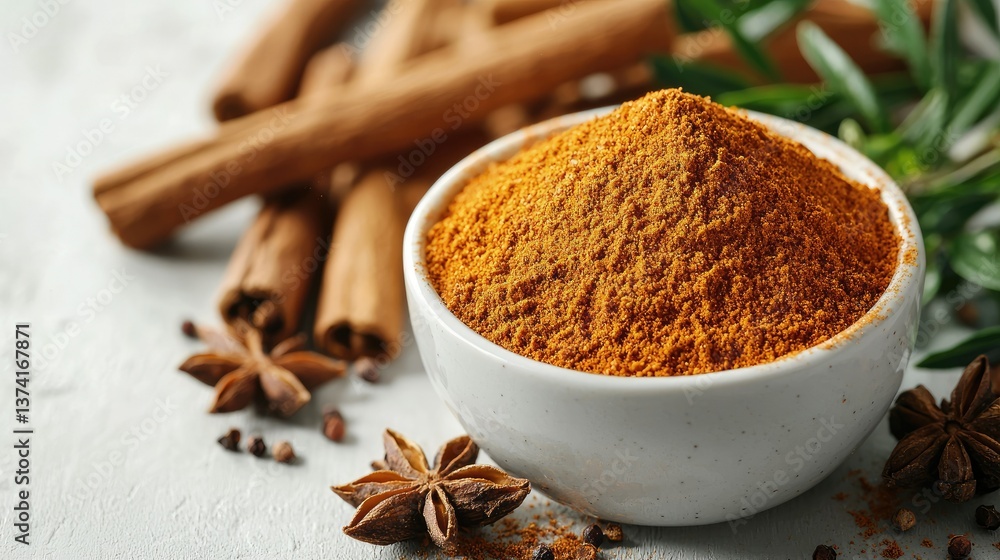 A white bowl of spice powder with cinnamon sticks and seeds A white bowl of spice powder with cinnamon sticks and seeds