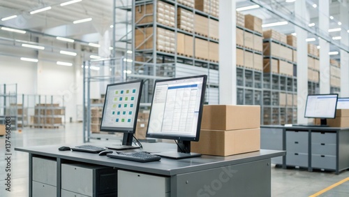 Warehouse management and optimization concept. Modern warehouse interior with workstations and stacked boxes ready for distribution.