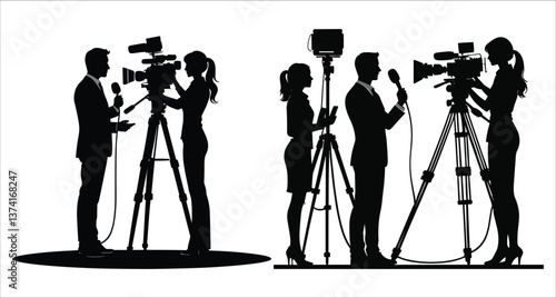Vector silhouette of reporter and camerawoman filming news broadcast live. TV journalist and camerawoman silhouettes vector design. News presenter and camera operator silhouettes