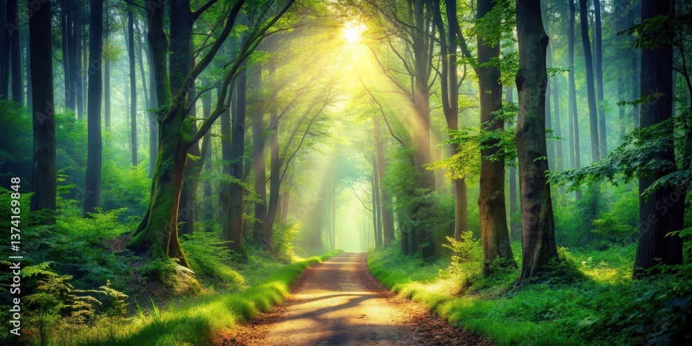 Obraz premium Forest Path Leading into Whispering Woods, mystic ambiance, misty sunlight