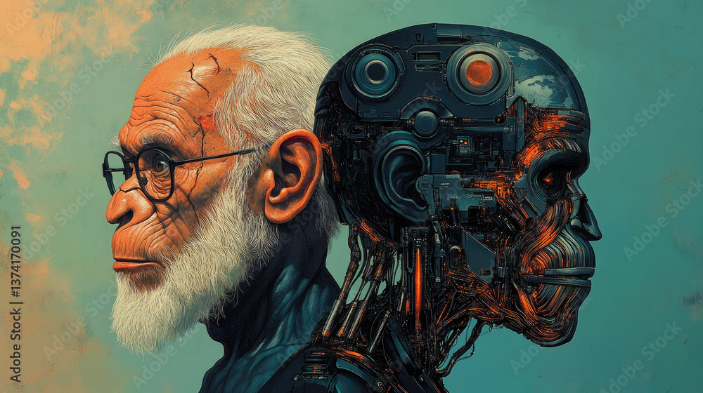 Surreal split portrait of elderly human and humanoid robot facing opposite directions, expressing contrast between natural aging and synthetic immortality in the context of technological evolution