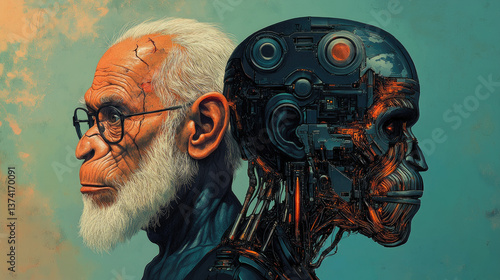 Obraz na płótnie Surreal split portrait of elderly human and humanoid robot facing opposite directions, expressing contrast between natural aging and synthetic immortality in the context of technological evolution w salonie
