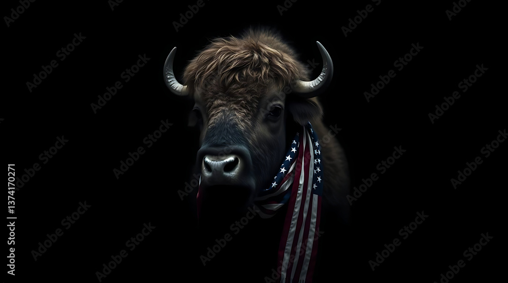 Naklejka premium Bison wearing America on black background, 4th of July, America Independence Day, created by generative ai