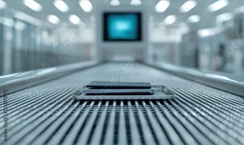 Items pass through a security scanner on a conveyor belt in a modern, sterile setting.