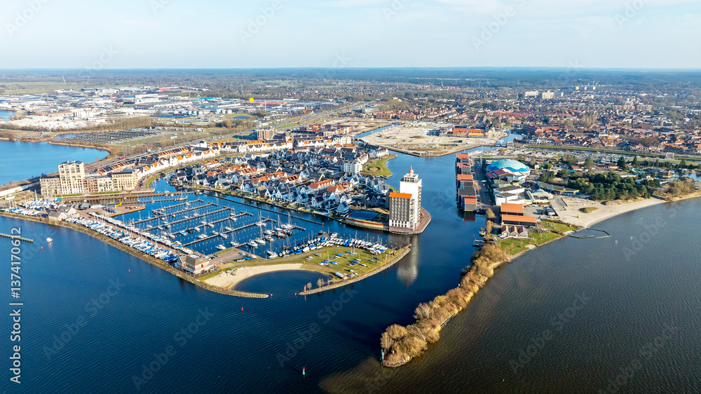 Naklejka premium Aerial from the city and harbor from Harderwijk in the Netherlands