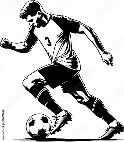 A Soccer Player Running With The Ball, Black And White Football Silhouette