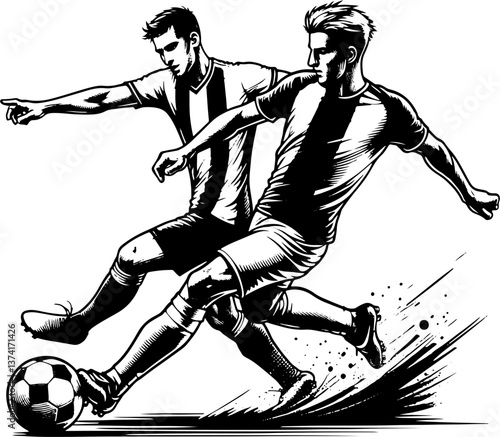 Soccer Players Competing For The Ball , Black And White Football Silhouette