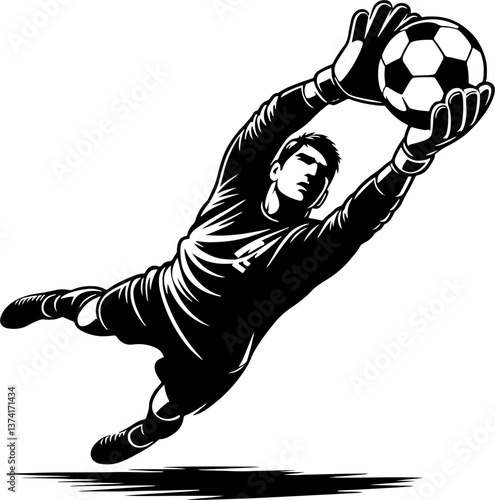 A Soccer Goalkeeper Making A Diving Save, Black And White Football Silhouette
