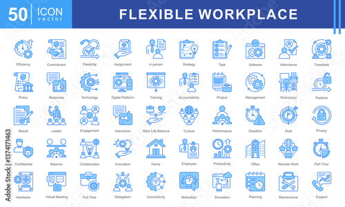 Flexible Workplace icon set featuring icons for remote work, productivity, collaboration, digital platforms, and work-life balance. Ideal for modern office environments, HR, and business management.