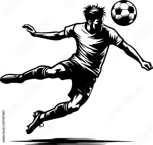 A Soccer Player Heading The Ball, Black And White Football Silhouette