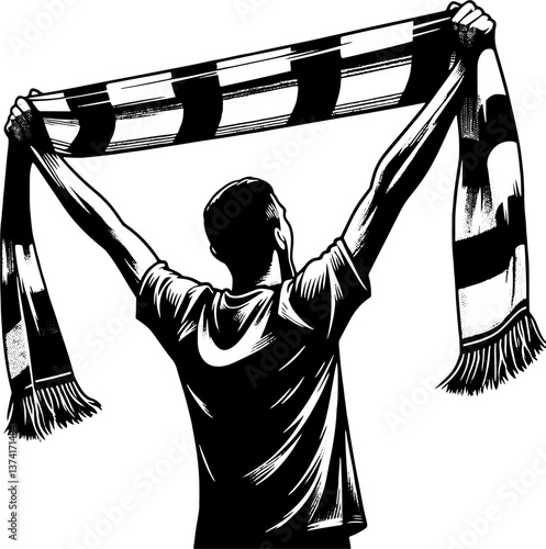 A Soccer Fan Waving A Scarf, Black And White Football Silhouette